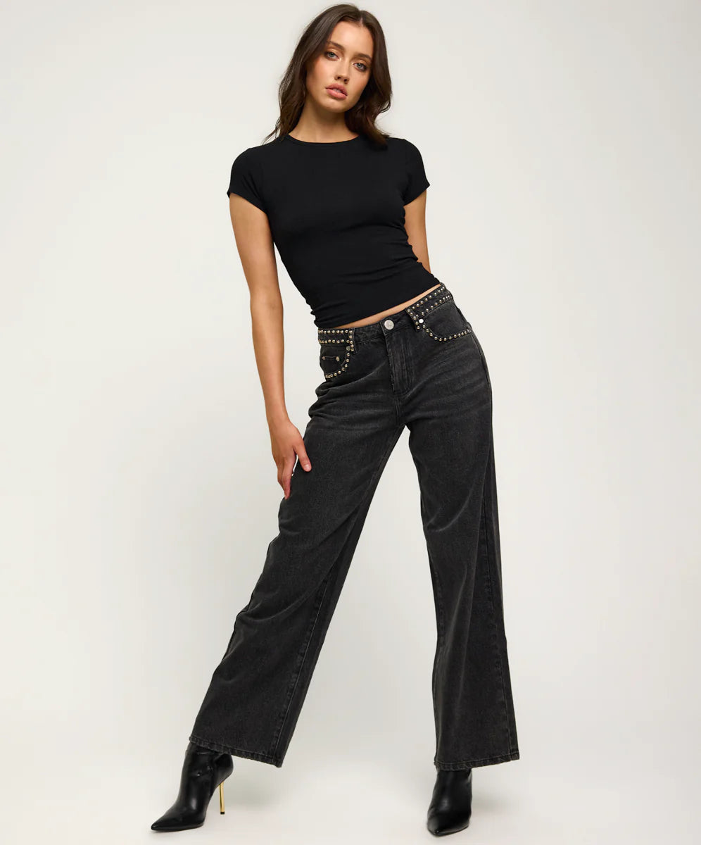 One Teaspoon Jackson Mid Waist Wide Leg Studded Denim Jeans