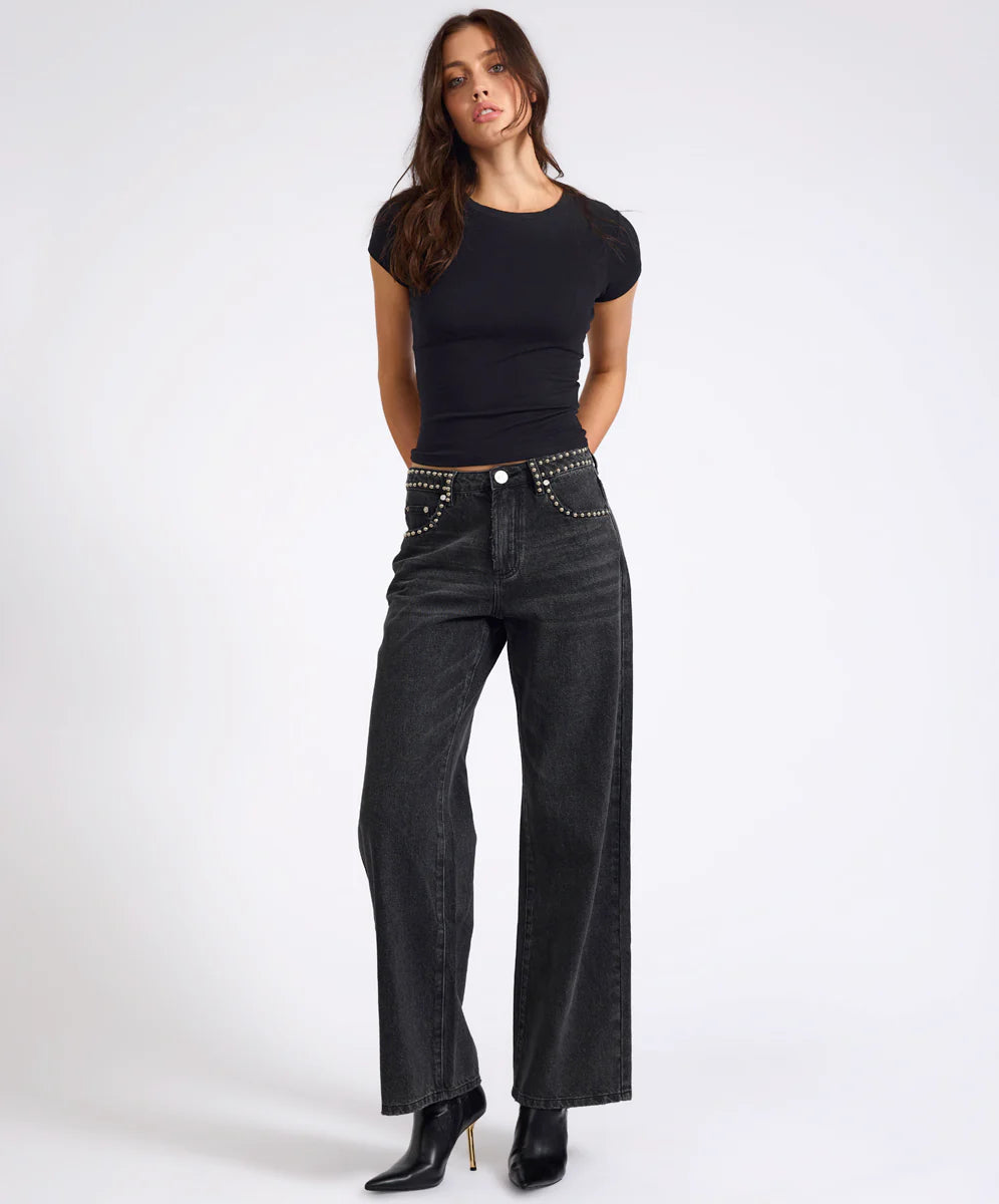 One Teaspoon Jackson Mid Waist Wide Leg Studded Denim Jeans