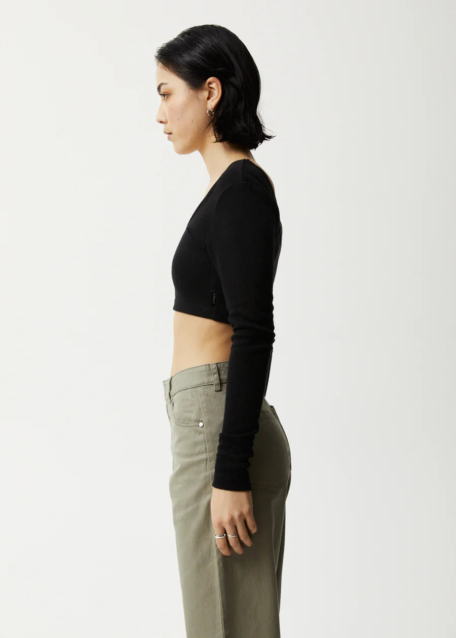 Afends Womens Milla Hemp Ribbed L/S Cropped Top