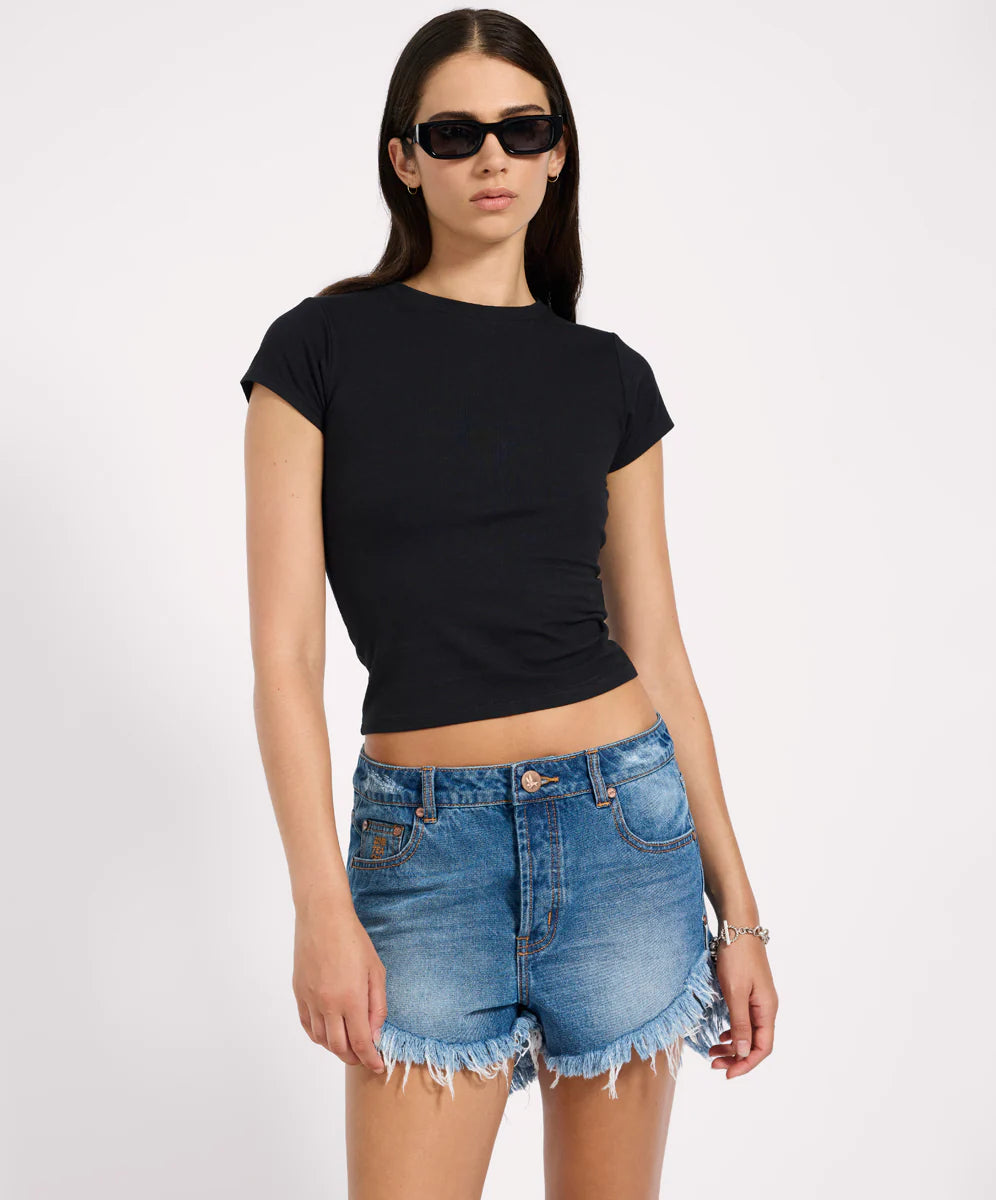 One Teaspoon Outlaws Low Waist Mid Length Denim Shorts