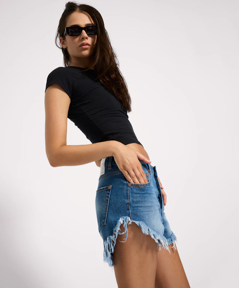 One Teaspoon Outlaws Low Waist Mid Length Denim Shorts