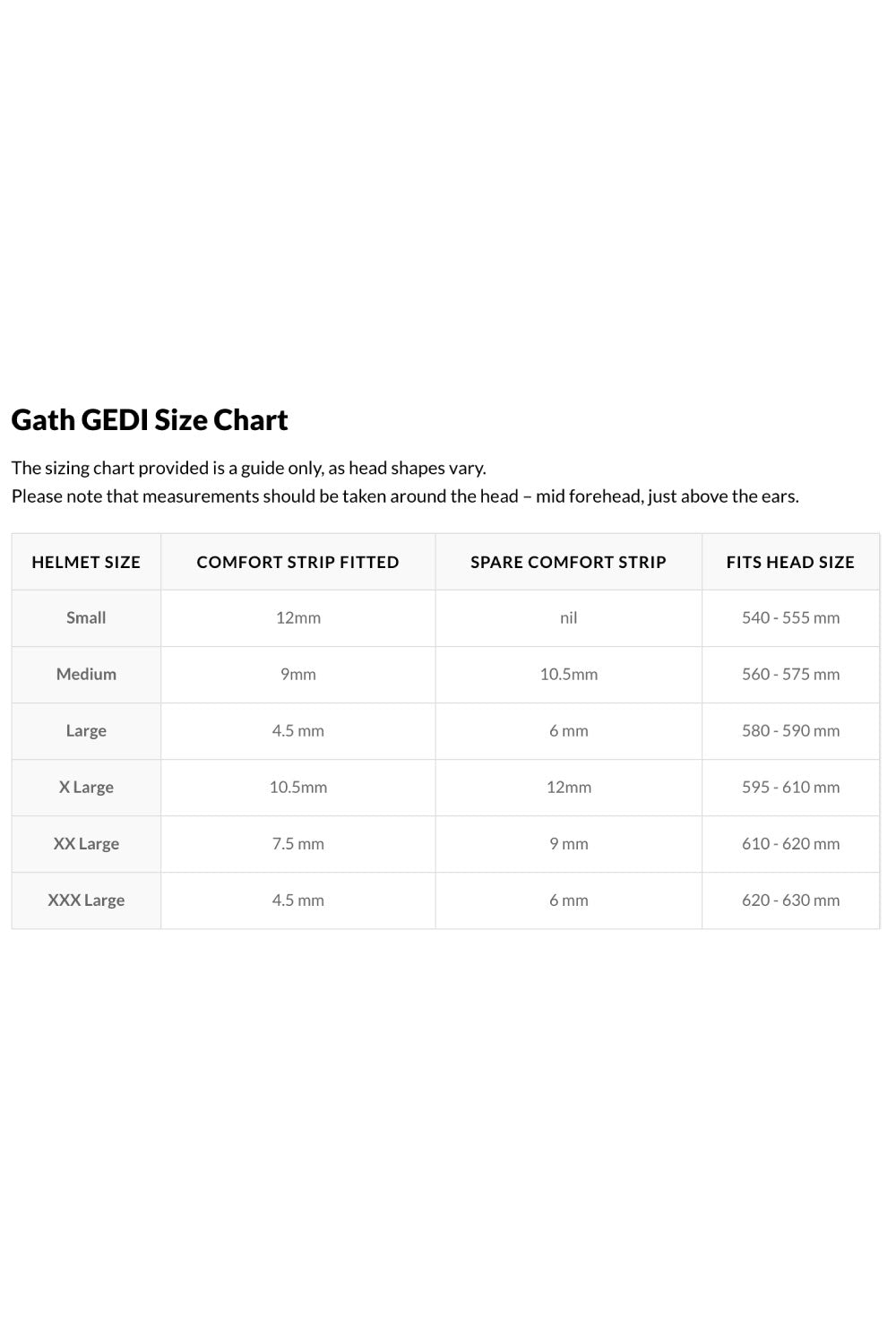 GATH GEDI Surfing Helmet size chart
